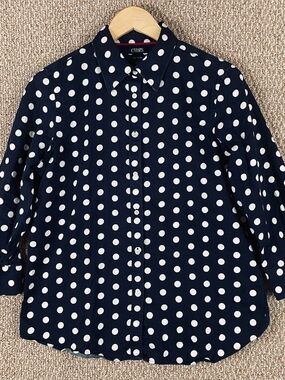 Chaps No Iron Shirt Women's Large Blue Polka Dot 3/4 Sleeves Button-Up T446